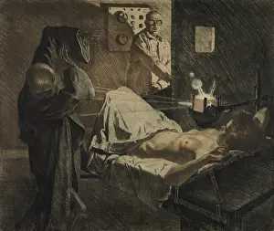Patients Prints: THE PHYSICIAN OF THE X-RAYS, depicts a physician using x-rays to repel Death