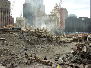 Skyscraper Prints: Pile of debris from the South Tower of World Trade Center a month after the terrorist attack