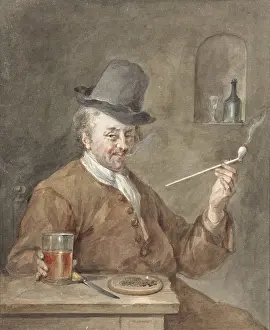 Aert Prints: Pipe Smoking Man at a Table with a Plate