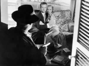 Lizabeth Prints: PITFALL, Raymond Burr (back to camera), from left; Dick Powell, Lizabeth Scott, 1948