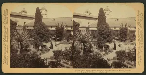 Images Dated 18th January 2016: A pleasant retreat from the world - stereoscopic view of gardens of the old Santa Barbara Mission