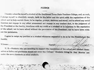 Discipline Prints: Pledge of good conduct signed by Lyndon Johnson when he entered Southwest Texas State College in 1927