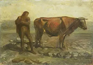 Peasants Prints: Ploughing Farmer, c. 1920-40, oil painting on panel by Dutch artist