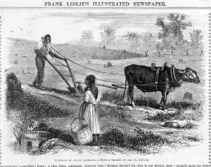 Images Dated 30th December 2008: Plowing in South Carolina. African American freedman ploughs a field as a young girl watches