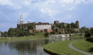 Polska Prints: POLAND. LESSER POLAND. Krakow. Vistula river and walls of the gothic fortress surrounding the castle on Mount Wawel