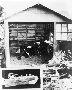 Investigations Prints: Police digging up the garage floor of accused Lindbergh baby kidnapper Bruno Richard Hauptmann searching for ransom