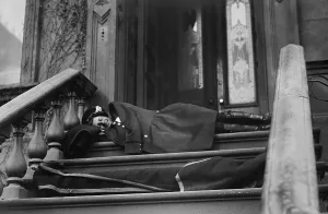 Teamsters Prints: Policeman sleeping on the porch of a New York City brownstone during the strike by wagon drivers of Adams Express