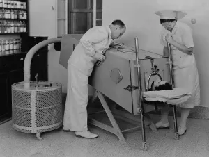 Patients Prints: Polio patient in an iron lung at the Scots Mission Hospital in Tiberias