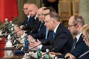 Papers Prints: Polish President Andrzej Duda speaks in a meeting with President Biden at the Presidential Palace in Warsaw