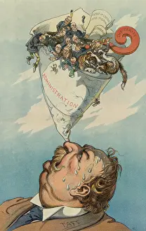 William Howard Prints: Political cartoon of President Taft balancing a paper cone containing Republican factional splits