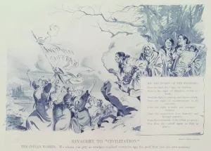 Social Movements Prints: Political cartoon showing Iroquois women on cliff overlooking women marching with banner woman suffrage