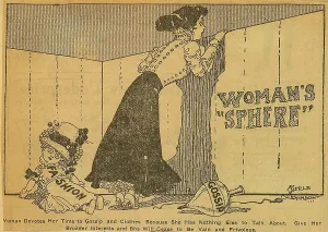 19th Amendment Prints: Political cartoon shows woman peering over a fence labeled Woman's Sphere while her toys Fashion