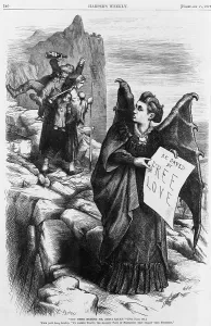 Devils Prints: Political cartoon by Thomas Nast depicting Victoria Woodhull as the devil who holds banner