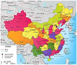China Prints: Political map of China, showing the provinces and their with capital cities