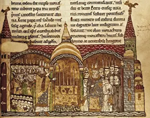 The Pope Urban II consecrates the altar of the church of the Cluny abbey (1085). Miniature of 12th c. Romanesque art. Miniature Painting. FRANCE. Paris. National Library