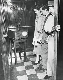 Broadcasting Prints: Portable television in a New York City elevator, Oct. 5, 1949
