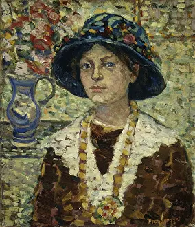 Post Impressionist Prints: PORTRAIT OF A GIRL WITH FLOWERS