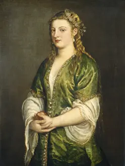 Venetian Prints: Portrait of a Lady, by Titian, 1555, Italian Venetian painting, oil on canvas