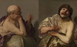 Purple Prints: Portrait of pre-Socratic philosophers Heraclitus of Ephesus and Democritus of Thrace