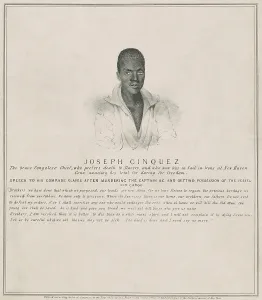 Insurrections Prints: Portrait of Sengbe Pieh/Joseph Cinqu above a newspaper description of his ordeal