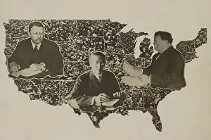 States Prints: Portraits of Theodore Roosevelt, Woodrow Wilson, and William Taft, on a map of US in 1912