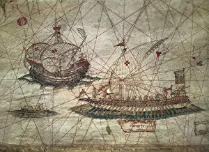 Portuguese galleys and caravels. Detail of a map by Grazioso Benincasa (1482). Painting. ITALY. Modena. Estense Library. AISA/Everett Collection**US SALES ONLY**