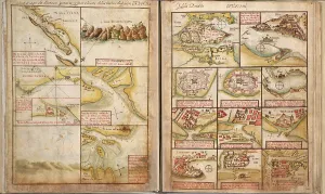 Settlements Prints: Portuguese maps showing views of port settlements and fortifications in Africa and Asia