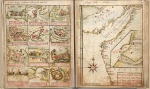 Settlements Prints: Portuguese maps showing views of port settlements and fortifications in Africa and Asia