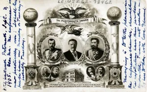 New Hampshire Prints: Postcard celebrating the signing of the Portsmouth Peace Treaty with portraits of President Theodore Roosevelt