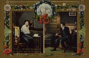 Telephones Prints: Postcard showing man and woman having a romantic telephone conversation. 1909