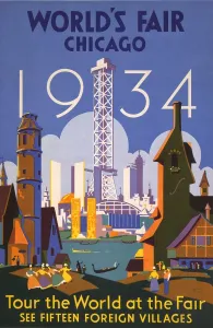 Traditional Prints: Poster for the 1934 Chicago World's Fair showing the fairgrounds with Chicago skyline