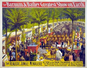 Images Dated 18th August 2008: Poster for Barnum & Bailey circus showing animals on display and performers beneath palm trees