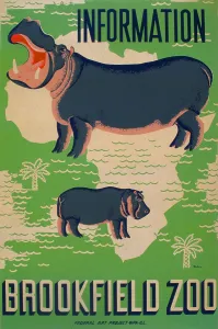 Graphic Design Prints: Poster for the Brookfield Zoo, showing hippopotamuses superimposed over outline of Africa