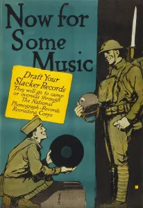 Record Player Prints: Poster by Charles Buckles, showing a World War I soldier about to play a record as another looks
