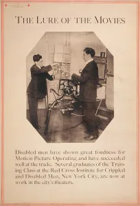 Handicapped Prints: Poster showing disabled man working a film projector, The Lure of the Movies