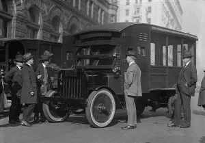 Mail Prints: Postmaster General Will Hayes, inspecting the new armored trucks to protect the mails from robbers