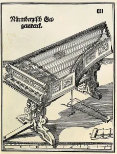 Praetorius, Michael (1571-1621). "Theatrum Instrumentorum" from the work "Sintagma Musicum" by Michael Praetorius (1620). Illustration of clavichord