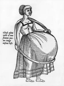 Woodcuts Prints: Pregnant woman using a hoop to support burgeoning womb