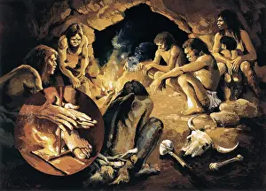 Childish Prints: Prehistory. Upper Paleolithic. Cromagnon men got together around the fire in a cave