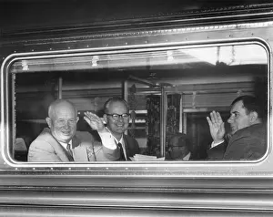 Lcgr1412 Prints: Premier Nikita Khrushchev waving from his train as he leaves Washington for New York City