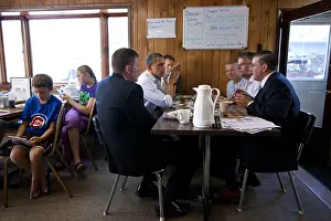 Restaurant Prints: Pres. Barack Obama breakfasts with small business owners at Rausch's Caf in Guttenberg