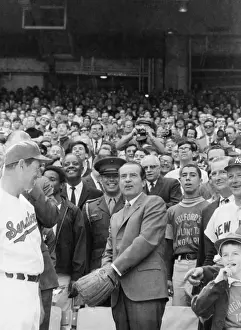 Baseball Glove Prints: Pres. Richard Nixon tossing First Pitch at Senators opening game with New York Yankees