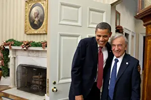 Humanitarians Prints: President Barack Obama greets Elie Wiesel in the Oval Office