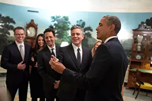 Matt Prints: President Barack Obama jokes with cast members of the movie The Monuments Men'