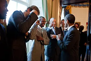 Obama Prints: President Barack Obama jokes with Dallas Mavericks basketball players