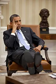 Lcgr1506 Prints: President Barack Obama listens during to advisors in the Oval Office