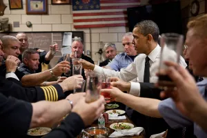 Manmade Prints: President Barack Obama and Pride of Midtown firefighters toast at lunch on May 5, 2011