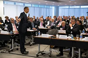 Businessmen Prints: President Barack Obama takes questions at the quarterly meeting of the Business Roundtable