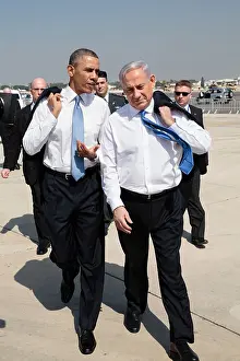Israel Prints: President Barack Obama walks across the tarmac with Israeli Prime Minister Benjamin Netanyahu