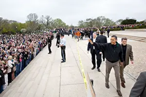 Cameras Prints: President Barack Obama waves to tourists at the Lincoln Memorial in Washington